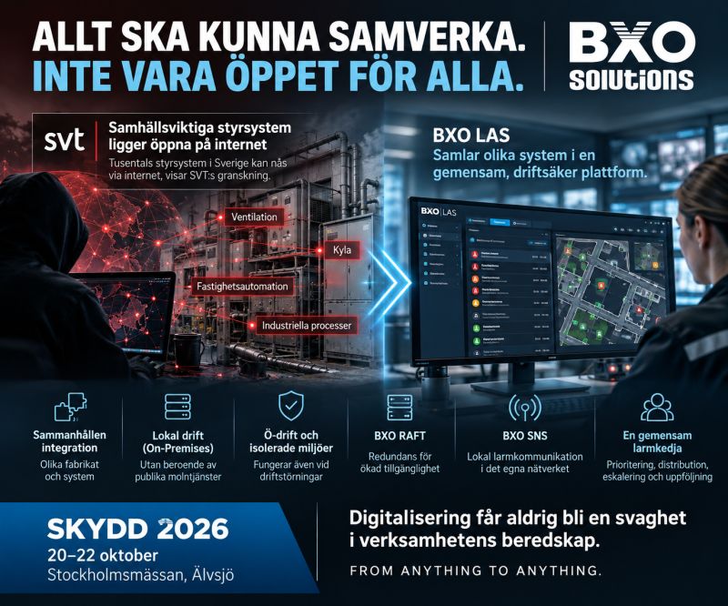 Illustration contrasting exposed industrial control systems with a shared local BXO LAS platform, including BXO RAFT redundancy and BXO SNS alarm distribution