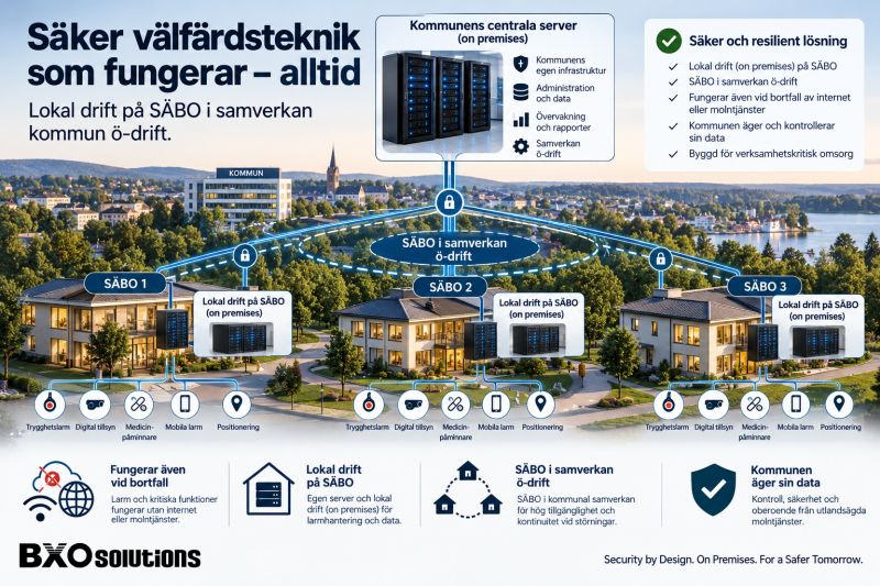 Diagram showing local care alarm systems at three residential care facilities connected to municipal infrastructure, with support for standalone operation