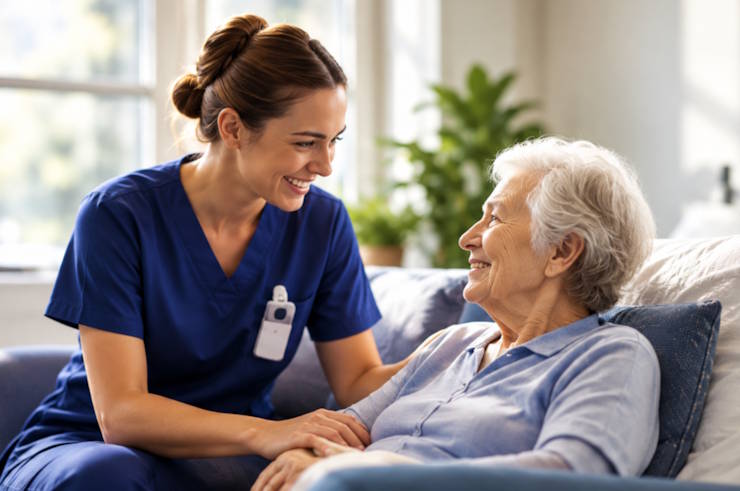 A nurse caring for an older woman in a nursing home